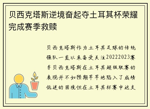 贝西克塔斯逆境奋起夺土耳其杯荣耀完成赛季救赎 贝西克塔斯逆境奋起夺土耳其杯荣耀完成赛季救赎